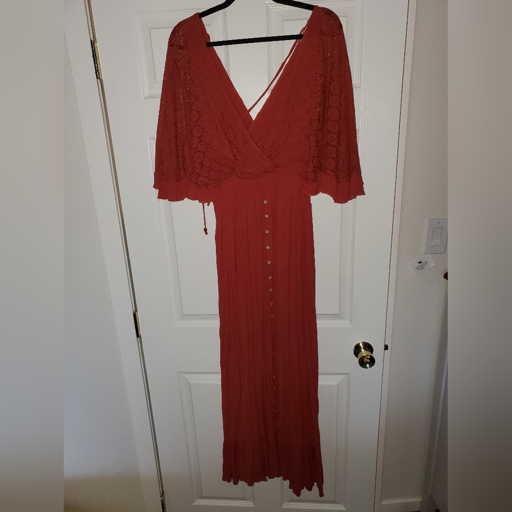 Three Bird Nest Red Flutter Sleeve Halter Sundress